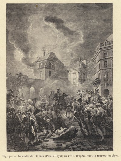 Incêndio na Ópera, Palais-Royal, em 1781 (gravura) de French School
