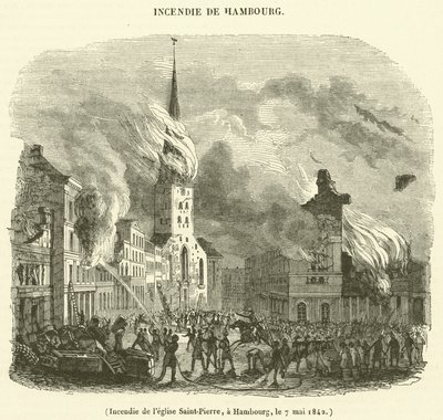 Incêndio na Igreja de São Pedro, Hamburgo, 7 de Maio de 1842 (gravura) de French School