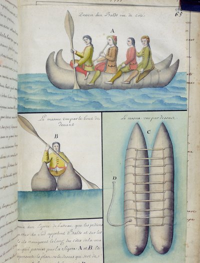Índios dos Mares do Sul usando barcos chamados Balds (wc no papel) de French School
