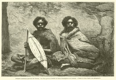 Indígenas australianos (província de Victoria); um deles carrega um escudo feito de eucalipto ou casca de bankia (gravura) de French School