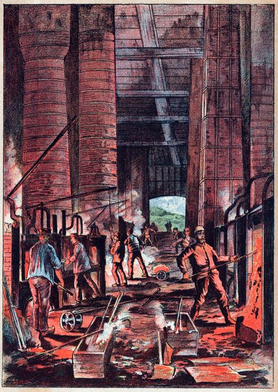 Revolução Industrial - Forno de Puddler - Fornos de Puddler (Puddlage) - Gravura em "Ciências disponibilizadas a todos - Física e química popular" por Alexis Clerc - Final do século XIX - Colecção privada de French School
