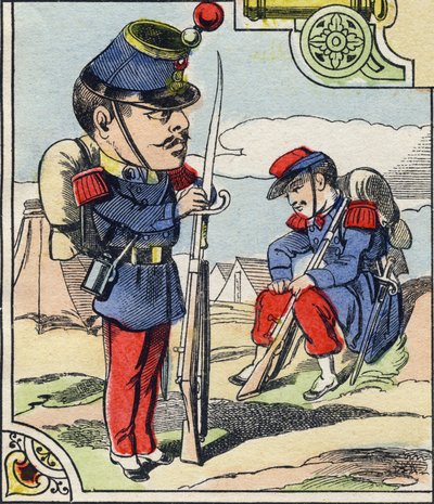Linha de infantaria. Gravação em "Alfabeto Militar Cómico". Quinta série. Imagem epinal. Pellerin e Cie, Impressoras, Epinal, final do século XIX. 16 páginas. Dim: 25x18,5cm. de French School