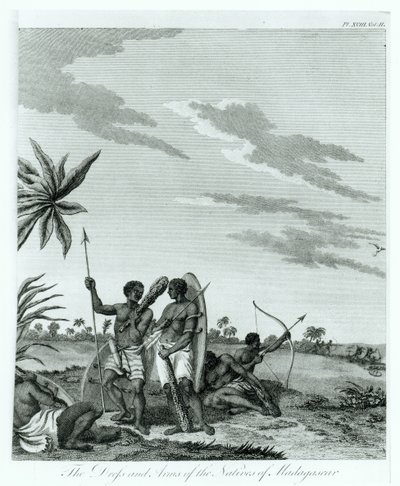 Habitantes de Madagascar, do volume 2 de Memórias e Viagens do Conde Benyowsky, publicado em 1790 de French School