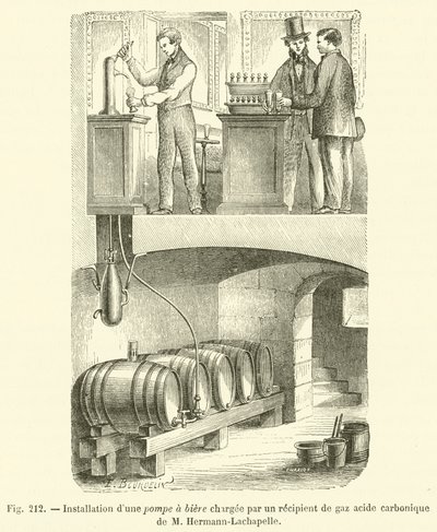 Instalação de uma bomba de cerveja carregada por um recipiente de ácido carbónico de M Hermann-Lachapelle (gravura) de French School