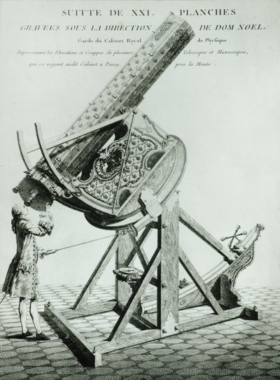 Instrumentos doptique de Dom Noel, o primeiro de uma série de 21 placas ilustrando elevações e seções transversais de telescópios e microscópios de French School