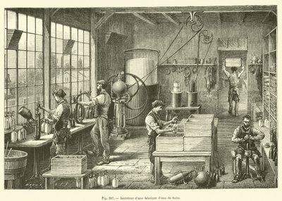 Interior de uma fábrica de seltzer (gravura) de French School