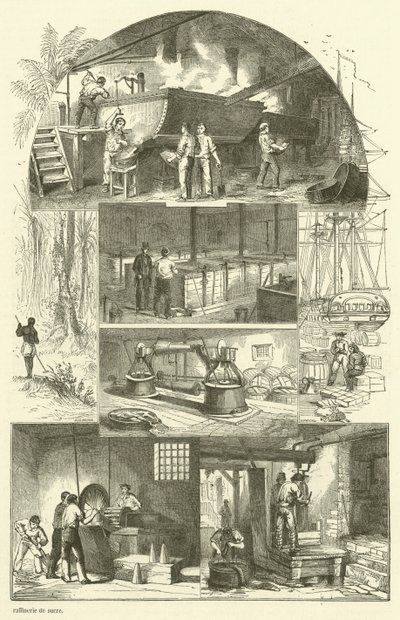 Interior de uma refinaria de açúcar (gravura) de French School