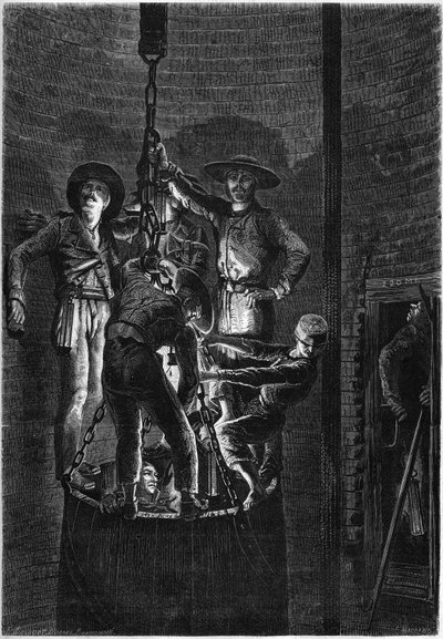 Aspecto interior de um poço de carvão: subida do contentor do lixo. 1861. Gravura em "Le Monde Illustré" n°238 de 2 de Novembro de French School
