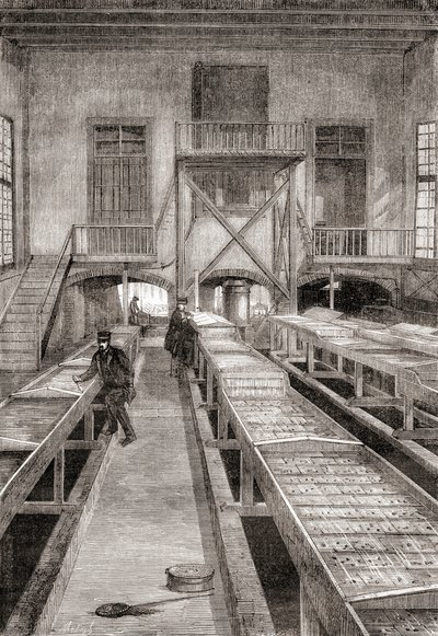 Interior de uma piscicultura do século XIX em Huningue, França, de Les Merveilles de la Science, publicado c.1870 (gravura) de French School