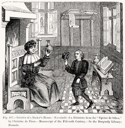 Interior de uma casa de médicos, de Epistre dOthea por Christine de Pisan, ilustração da ciência e literatura na idade média e renascentista, escrita e gravada por Paul Lacroix, de French School