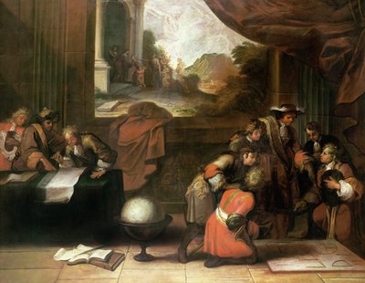 Interior de uma sala com geógrafos e matemáticos, c.1680-90 de French School