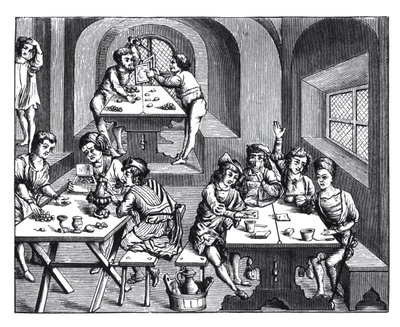 Interior de uma hospedaria, depois de uma xilogravura em uma edição de folio de Virgílio, publicou Lyons, 1517 de French School
