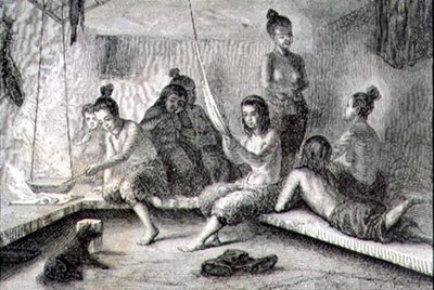 Interior de uma cabana esquimó na década de 1860 (gravura) de French School