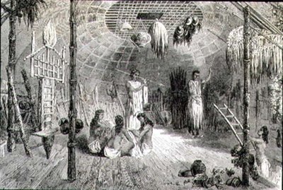 Interior de uma cabana indígena na década de 1860 (gravura) de French School