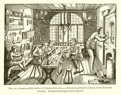 Interior do Atelier de Etienne Delaulne, um celebrado ourives de Paris, no século XVI de French School