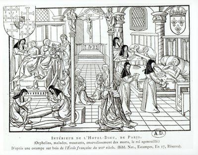 Interior do hospital do Hotel Dieu (xilogravura) de French School