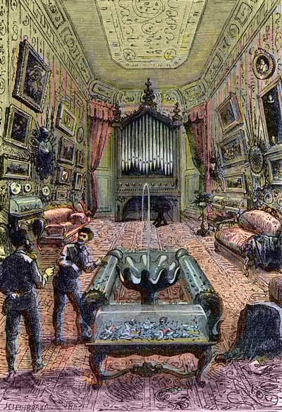 Interior do Nautilus, ilustração de "20.000 Léguas Submarinas" de Júlio Verne - Ilustração do romance "Vinte mil léguas Submarinas" de Júlio Verne representando o luxuoso salão do Nautilus - O salão do Nautilus, doente de French School