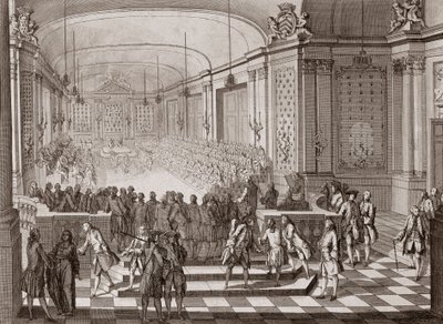 Vista interna do Salão Jacobins, em Nantes, durante a realização dos Estados Unidos da Bretanha, em 1764. de French School