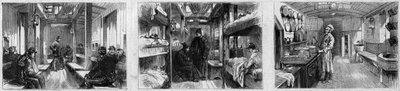 Vista interna do vagão de ambulância e vagão de cozinha de um trem médico da Sociedade Francesa de Seguranças aos militantes. Gravura no "Le Monde Illustré" n°846 de 28 de Junho de 1873. de French School