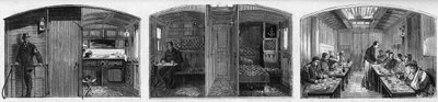 Vista interna do vagão médico e do vagão refeitório de um trem médico da Sociedade Francesa de Secours aux militaires. Gravura no "Le Monde Illustré" n°846 de 28 de Junho de 1873. de French School
