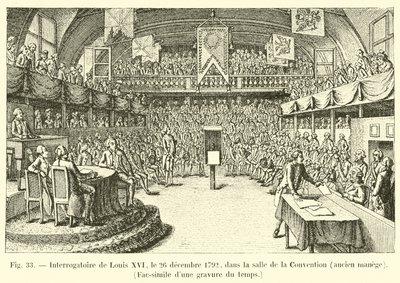 Exame de Luís XVI, 26 de dezembro de 1792, no Salão de Convenções, antigo manege, Fac-símile de uma gravura do tempo de French School