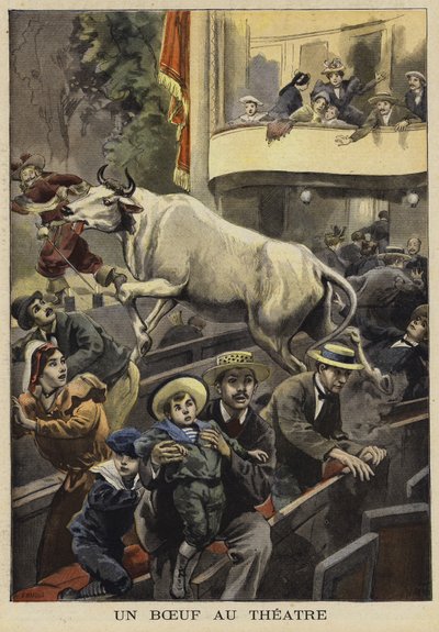 Interrupção de uma performance de teatro por um boi, Villefranche-de-Lauragais, França, 1897 de French School