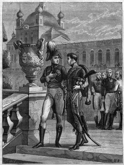 Entrevista de Alexandre I da Rússia (1777-1825) e Michel Duroc (1772-1813) em São Petersburgo em abril de 1801 - Gravação de 1865 no "Histoire du Consulate et de la Empire" de Louis Adolphe Thiers - Conversa entre o Imperador Alexandre I da Rússia (1777- de French School