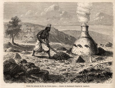 Fundição de minério de ferro em Fouta Djalon, Senegal, desenho de Hadamard, para ilustrar a viagem do Tenente Lambert a Fouta Djalon em 1860. Gravura em "Le tour du monde" 1861. Coleção de Selva. de French School