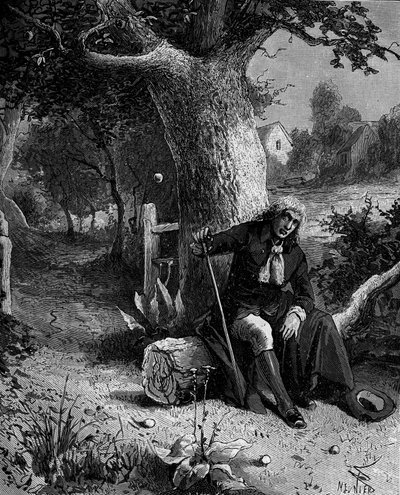 Isaac Newton (1642-1727), matemático e astrônomo inglês, descobrindo a noção da gravidade da terra através da queda de uma macieira de Woolsthorpe. de French School