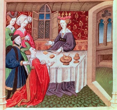 Isolde pedindo proteção à Rainha Guinevere, Roman du Chevalier Tristan de French School