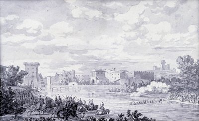 Paisagem italiana: o exército francês passou o rio Mincio para Borghetto em 1796. Desenho anónimo. Paris, Museu do Louvre de French School