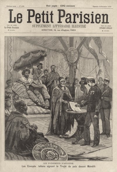 Enviados italianos assinam o tratado de paz para pôr fim à Primeira Guerra Ítalo-Etiópia antes do Imperador Menelik II da Etiópia de French School