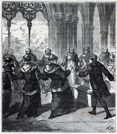 JEAN ANTOINE NOLLET (1700-1770) deu uma concussão eléctrica aos religiosos de um convento em Carthusian - Gravura em "Ciências levadas ao alcance de todos - física e química" por Alexis Clerc - Final do século XIX - Colecção privada de French School