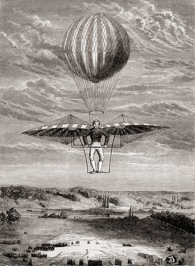 Ornitóptero de Jacob Degen, de 1808, com válvulas de flap, em que o piloto se apoiava numa estrutura rígida e accionava as asas com uma barra horizontal móvel, de "Les Merveilles de la Science", publicado por volta de 1870 (litografia) de French School