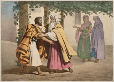 Jacó com Labão e suas filhas, ilustração de um catecismo LHistoire Sainte, publicado por Charles Delagrave, Paris, final do século XIX de French School