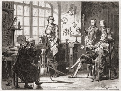 James Watt (inventor da máquina a vapor em 1769) na sua loja Glascow - no "Album of Science; illustrious scientists; Great discovery" 1896. de French School
