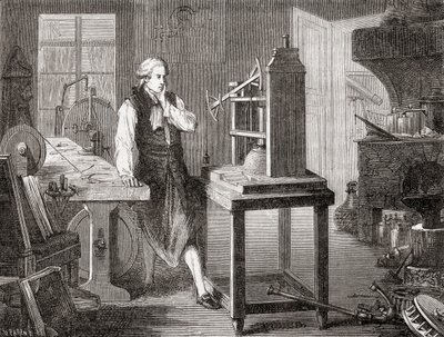 James Watt em sua oficina em Glasgow melhorando a máquina a vapor Newcomen 1712 de Thomas Newcomen com sua máquina a vapor Watt em 1781, de Les Merveilles de la Science, pub.1870. de French School