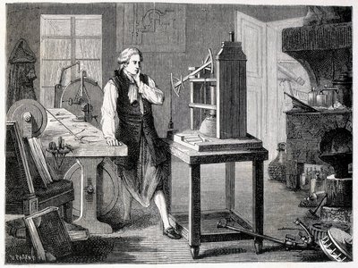 James Watt estudando o aperfeiçoamento da máquina de Newcomen (1767) - em "Album of Science; illustrious scholars; Great discoveries" 1896. de French School