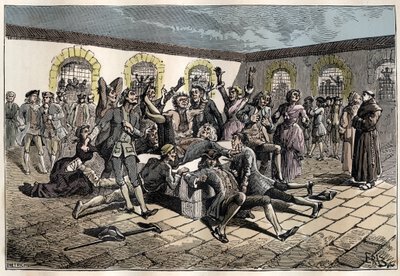 Jansenista convulsionário (ou São Medardo) (Obras de convulsões) no século XVIII: "os doentes e enfermos vão ao cemitério de São Medardo (onde se encontra o túmulo do diácono François Paris) para serem milagrosamente guerrilheiros" (Práticas convulsivas -  de French School