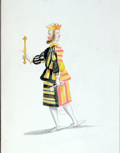 Fato de Janus para o Ballet de la Nuit de Jean-Baptise Lully (1632-87) dançado por Louis XIV, 23 de fevereiro de 1653 (wc no papel) de French School