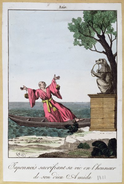 Homem japonês sacrificando sua vida em honra do deus Amida, 1811 (cor litho de French School