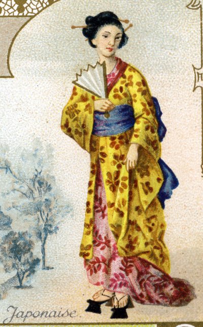 mulher japonesa . Edição da litografia parisiense, final do século XIX. Série de 25 cromos publicitários para a fabricação Dijon de Biscoitos Pernot, criada em 1869. Detalhe dos personagens em traje tradicional. de French School