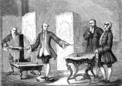 Jean JALLABERT (1712-1768), físico suíço, descobre a eletricidade em objectos pontiagudos (Power of the Pointe de FRANKLIN). gravura de 1867 de French School