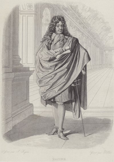 Jean Racine, dramaturgo francês, no Salão dos Espelhos em Versalhes (gravura) de French School