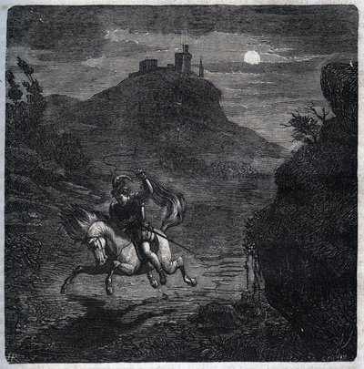 Jean de Laval Comte de Chateaubriant (Laval-Chateaubriant) (1486-1543) fugiu para Inglaterra depois de ter assassinado a sua esposa Françoise de Foix, Condessa de Chateaubriant (ca. 1495-1537). Gravura de 1871 em "Histoire Des Cocus Celebres" de Henry de K de French School