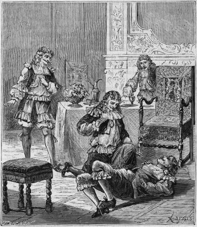 Jean de SANTEUL (Santeuil) (1630-1697) venenos com um copo de vinho em que foi colocado tabaco de Espanha - Gravura em "Ciências disponibilizadas a todos - física e química" por Alexis Clerc - Final do século XIX - Colecção privada de French School