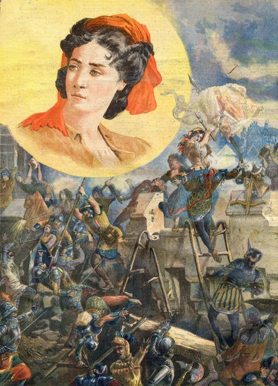 Jeanne Laisne (1456-?) , conhecida como Jeanne Fourquet, apelidada de Jeanne Hachette Heroine francaise - Jeanne Hachette no Cerco de Beauvais 1472 - Ilustração para o Le petit Journal, 8 de Janeiro de 1894 de French School