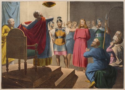 Jesus Cristo diante de Caifás, ilustração de um catecismo LHistoire Sainte, publicado por Charles Delagrave, Paris, final do século XIX de French School