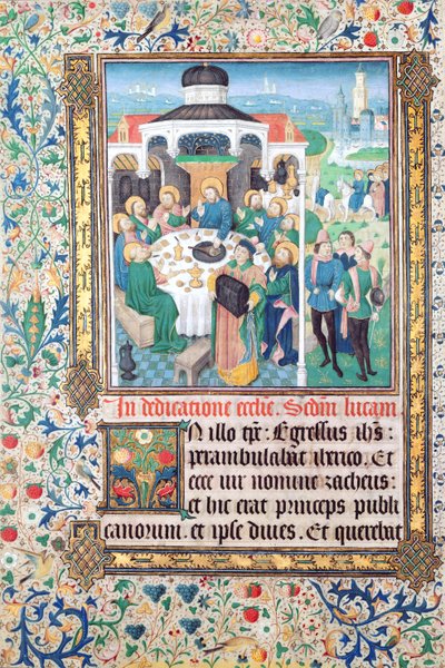 Jesus comendo na casa do cobrador de impostos, Zaqueu e a Entrada em Jerusalém, miniaturas do Evangelho de Lucas de French School