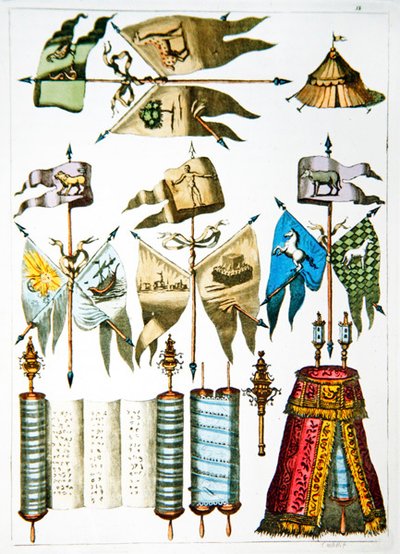 Símbolos judaicos, bandeiras e Torah (cor litho) de French School